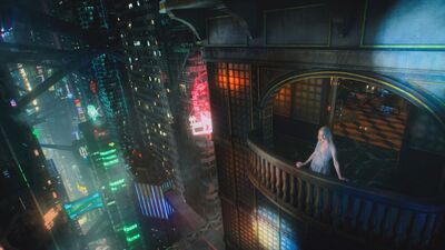 LL Web Design,Altered Carbon,Photo tirée du film montrant un personnage du film sur sa terrasse donnant sur une ville futuriste de nuit 