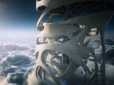 LL Web Design,Altered CArbon, Photo d un bâtiment blanc futuriste passant au dessus des nuages