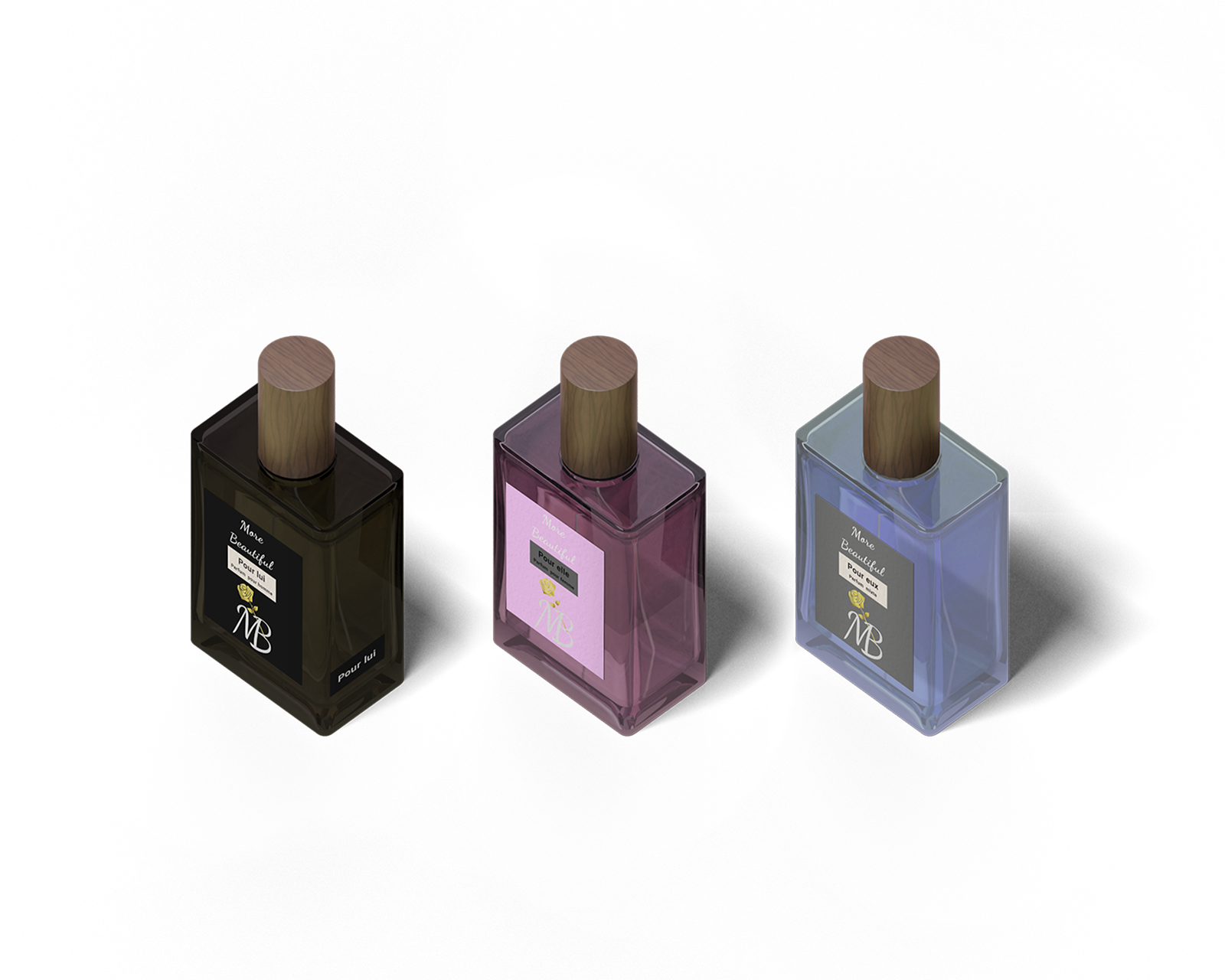 Photo de 3 flacons de parfum: 1 foncé pour homme, un rose pour femme et un bleu mixte.